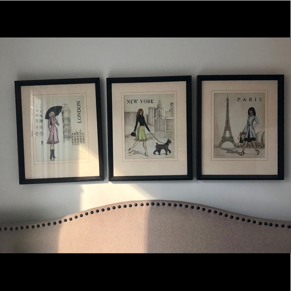 3 framed large pictures of Paris, NY, & London!
